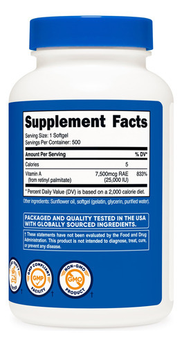 Suplemento De Vitamina A Nutricost 25000 Ui 500 Cápsulas Gel - Imagem 6