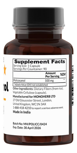 Monoherb Policosanol 100 Mg Por Cápsula - 90 Cápsulas Vegeta