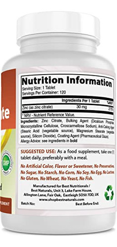 Suplementos Best Naturals Zinc 30 Mg Citrato De Zinco 120 Co - Imagem 2