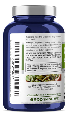 Suplemento De Extrato De Cardamomo Nusapure 4000 Mg 200 Cáps - Imagem 3