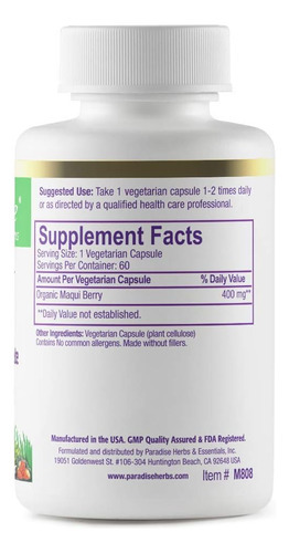 Paradise Herbs, Extrato De Maqui Berry Orgânico, 400 Mg, Con - Imagem 2