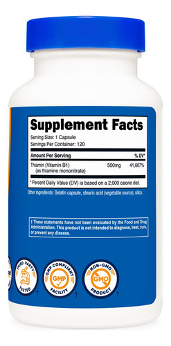 Vitamina B1 Tiamina 500mg 120 Cápsulas Nutricost - Imagem 5