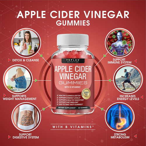 Gomas De Vinagre De Cidra Toplux - 1000mg Acv Com B12, Raiz - Imagem 2