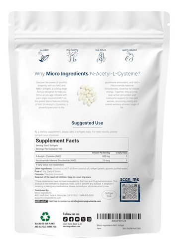Nac 600mg Com Nad+, 300 Softgels De Óleo De Coco Mct | N Ace - Imagem 2