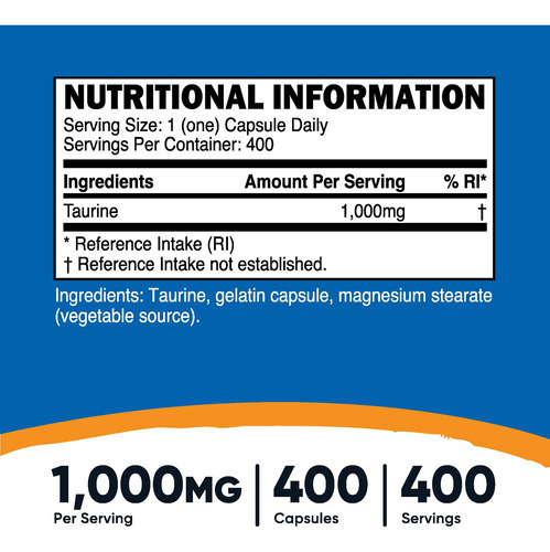 Suplemento Nutricost Taurine 1000mg 400 Cápsulas - Imagem 2