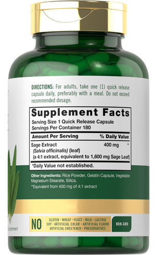 Suplemento De Sálvia Carlyle 1600mg | 180 Cápsulas | Alta Po
