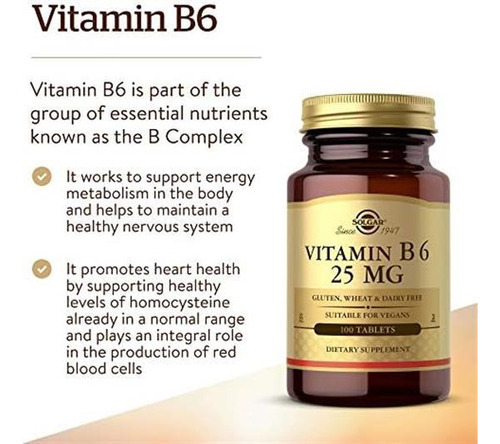 Solgar Vitamina B6 25 Mg, 100 Comprimidos - Apoia O Metabol - Imagem 3