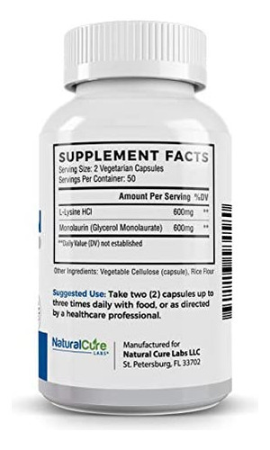 Natural Cure Labs L-lisina + Monolaurina 600mg Proporção 1:1 - Imagem 6