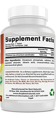 Best Naturals Picolinato De Cromo 1000mcg 240 Comprimidos - Imagem 3