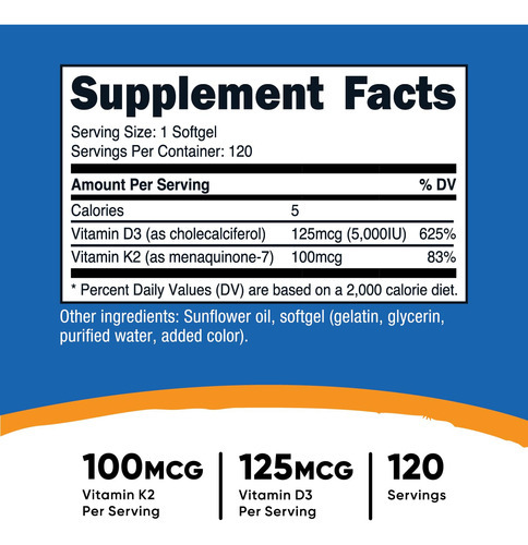 Suplemento Nutricost Vitamina K2 (mk7) 100mcg + Vitamina D3 - Imagem 2