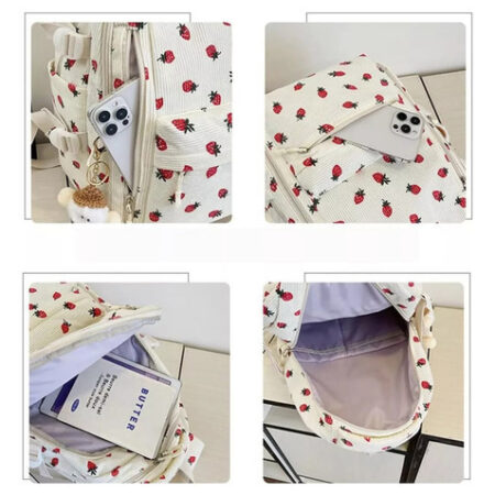 Novo Mochila De Veludo Cotelê E Morango 2024, Linda Mochila - Imagem 6
