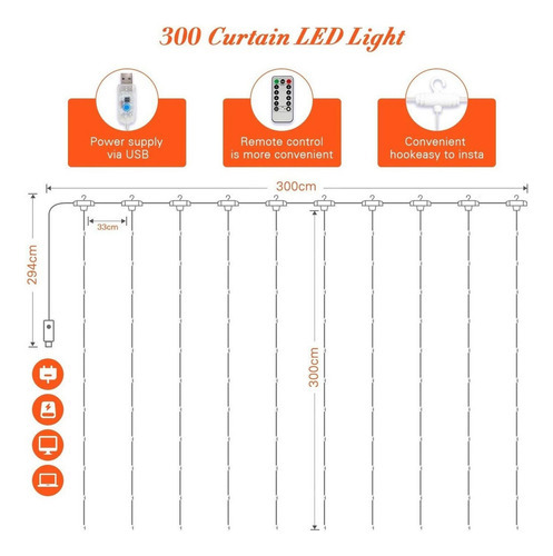 Cortina 300 Led Usb Controle Branco Quente 3mx3m 2 Unidades - Imagem 5