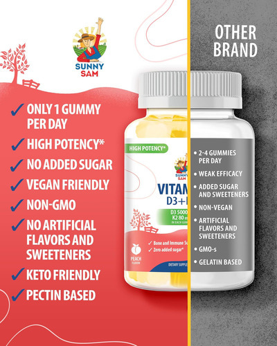 Sunny Sam Gomas De Vitamina D3 K2 Sem Açúcar 5000 Ui - Gomas - Imagem 5