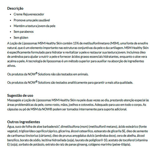 Msm Loção Lipossomal Pele Now Foods 237ml Importado - Imagem 3