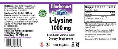 Cápsulas Bluebonnet L-lisina 1000 Mg, 100 Contagens - Imagem 2