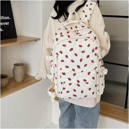 Novo Mochila De Veludo Cotelê E Morango 2024, Linda Mochila - Imagem 3