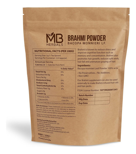 Mb Herbals Puro Brahmi Em Pó 227g | Meia Libra | Pó De Bacop - Imagem 4