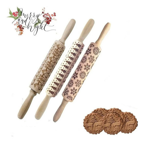 Enfeite Natal Madeira 3 Rolos Massa Decorativos Confeitaria - Imagem 2
