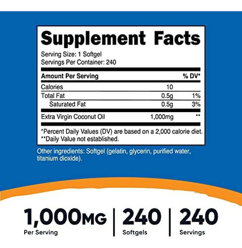 Nutricost Cápsulas Softgel De Óleo De Coco (1000mg) 240 Soft - Imagem 2