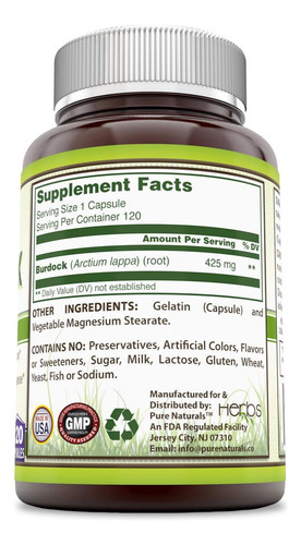 Pure Naturals Raiz De Bardana 425mg 120caps - Imagem 3