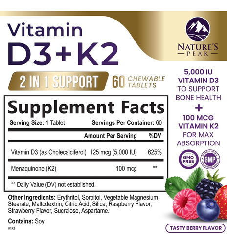 Vitamina D3 K2, 5000 Ui (125 Mcg) Vitamina D-3 Plus K-2 (mk- - Imagem 2