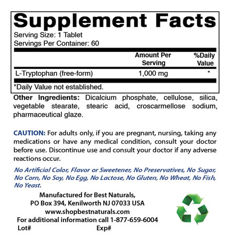 Best Naturals L-triptofano 1000 Mg 60 Comprimidos - Imagem 2
