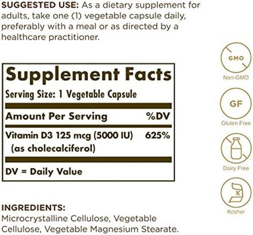 Solgar Vitamina D3 (colecalciferol) 125 Mcg (5000 Ui) - 120 - Imagem 2