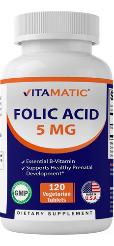 Suplemento Vitamático De Ácido Fólico 5mg (5000 Mcg) 120 Com