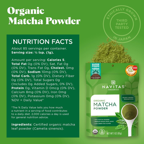 Pó Navitas Organics Matcha, 3 Onças. Saco, 85 Porções ' Grau - Imagem 3