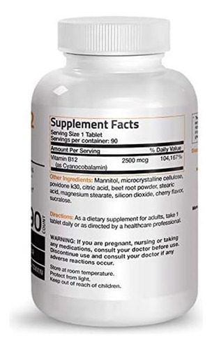 Vitamina B-12 Marca Bronson, 2500 Mcg, 90 Comprimidos - Imagem 2