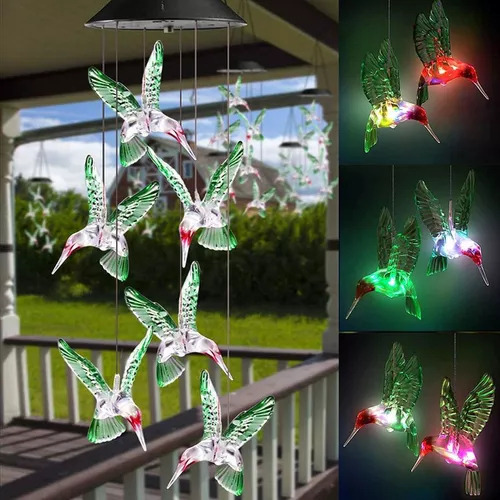Beija-flor Led Solar Vento Sinos Cor Mudando Luzes Pendurar.