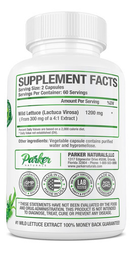 Cápsulas De Alface Selvagem Parker Naturals, Suplemento De E