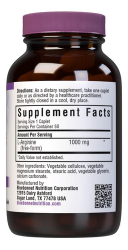 Bluebonnet Nutrition L-arginina 1000mg, Aminoácido De Forma - Imagem 2