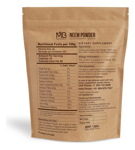 Pó De Neem Puro Mb Herbals 1 Libra | 16 Onças | 454 Gramas | - Imagem 2