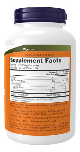 Now Foods Supplements, Psyllium Husk Caps 500 Mg, Projeto Nã - Imagem 2