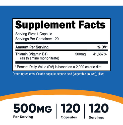 Vitamina B1 Tiamina 500mg 120 Cápsulas Nutricost - Imagem 2