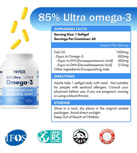 Nyo3 Omega 3 Suplemento De Óleo De Peixe 1000mg, 85% Reester - Imagem 2