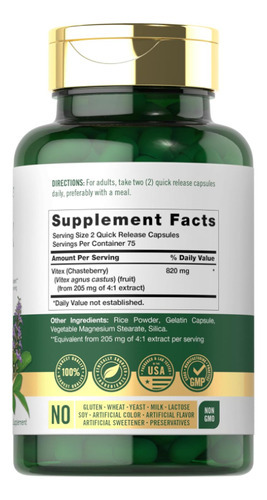 Suplemento Carlyle Vitex Chasteberry | 820mg | 150 Cápsulas - Imagem 2