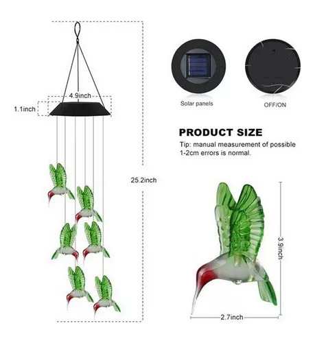 Beija-flor Led Solar Vento Sinos Cor Mudando Luzes Pendurar. - Imagem 2