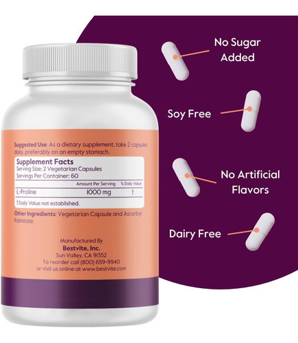 Bestvite L -proline 500mg (120 Cápsulas Vegetarianas) - Sem - Imagem 2