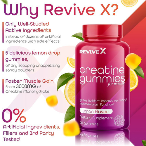 Revive X Glute Gummies, Creatine Gummies 3g, Lemon Drop, 30 - Imagem 3
