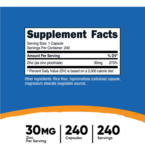 Suplemento Nutricost Picolinato De Zinco 30mg 240 Cápsulas - Imagem 3