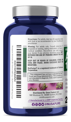 Suplemento De Extrato De Alcachofra Nusapure 12000mg 200 Cáp - Imagem 3