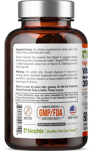 Biophix Vitamina K2 Mk-7-300 Mcg 60 Vcaps - Alta Potência Ap - Imagem 3