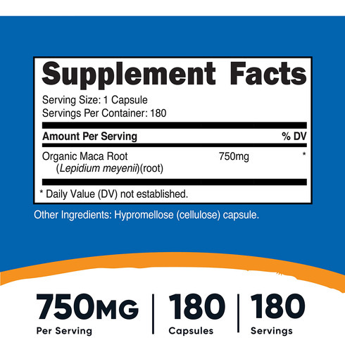 Suplemento Nutricost Maca Root 750 Mg 180 Cápsulas - Imagem 3