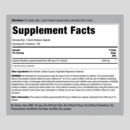 Piping Rock Guaraná Cápsulas 1600 Mg | Contagem 120 | Compri - Imagem 2