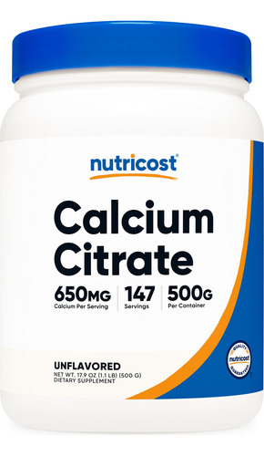 Citrato De Cálcio Em Pó Nutricost 500g Sem Sabor Sem Glúten