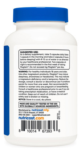 Suplemento Nutricost Magnesium L-treonato Mattein 2000mg - Imagem 4