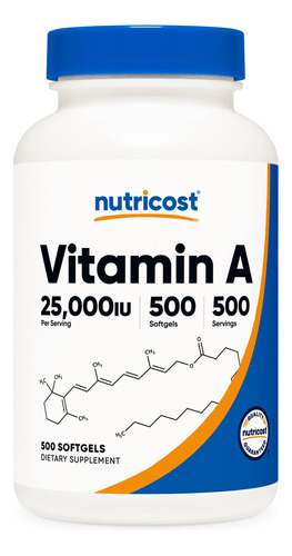 Suplemento De Vitamina A Nutricost 25000 Ui 500 Cápsulas Gel