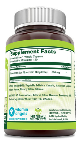 Suplemento Herbal Secrets Quercetina 500 Mg 120 Cápsulas Veg - Imagem 2
